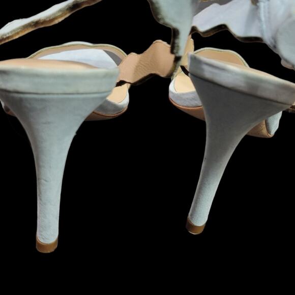 Loeffler Randall Reina Heel Blue Sandals Ankle Strap Leather Wavy Scalloped 8.5 - Picture 7 of 15